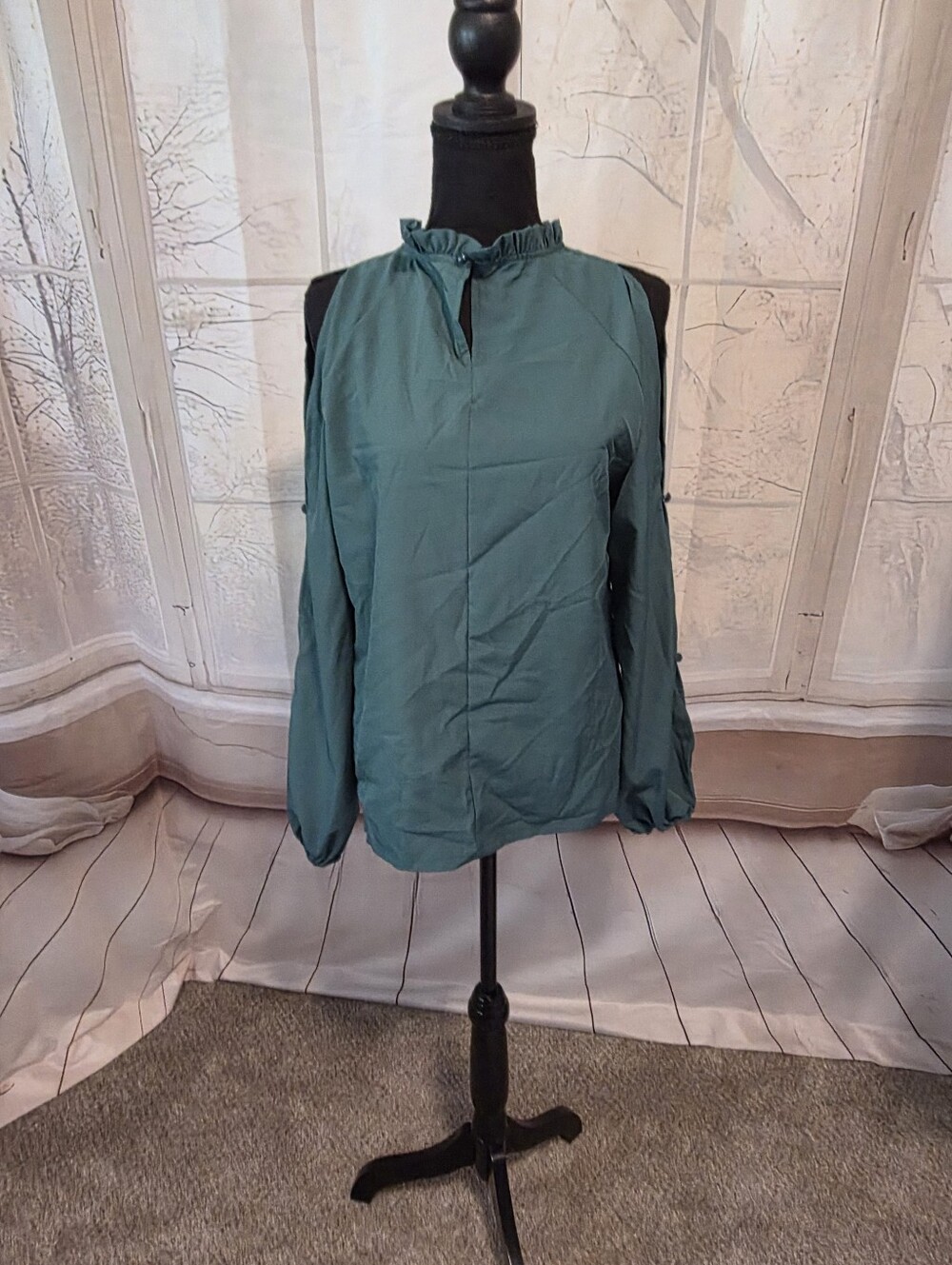 Kohl's Teal Ruffle Neck Long Sleeve Blouse